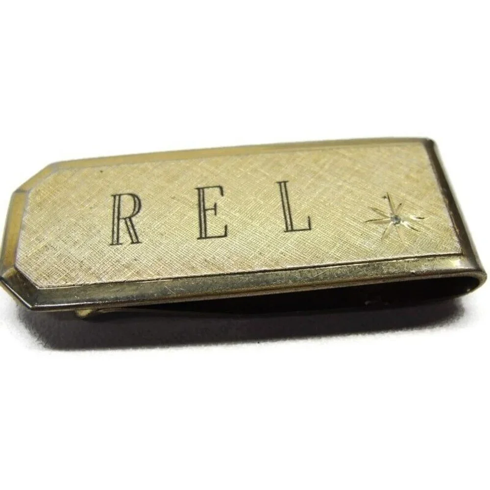 Engraved REL Money Clip Gold Tone Diamond Wallet Credit Card Cash